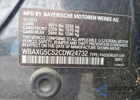 2012 BMW 528 I из США, поврежденный, VIN WBAXG5C52CDW24732